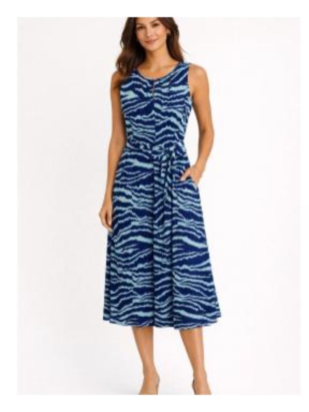 Nw/oTags Lands' End sleeveless tank dress, blue tiger stripe, tie waist, medium